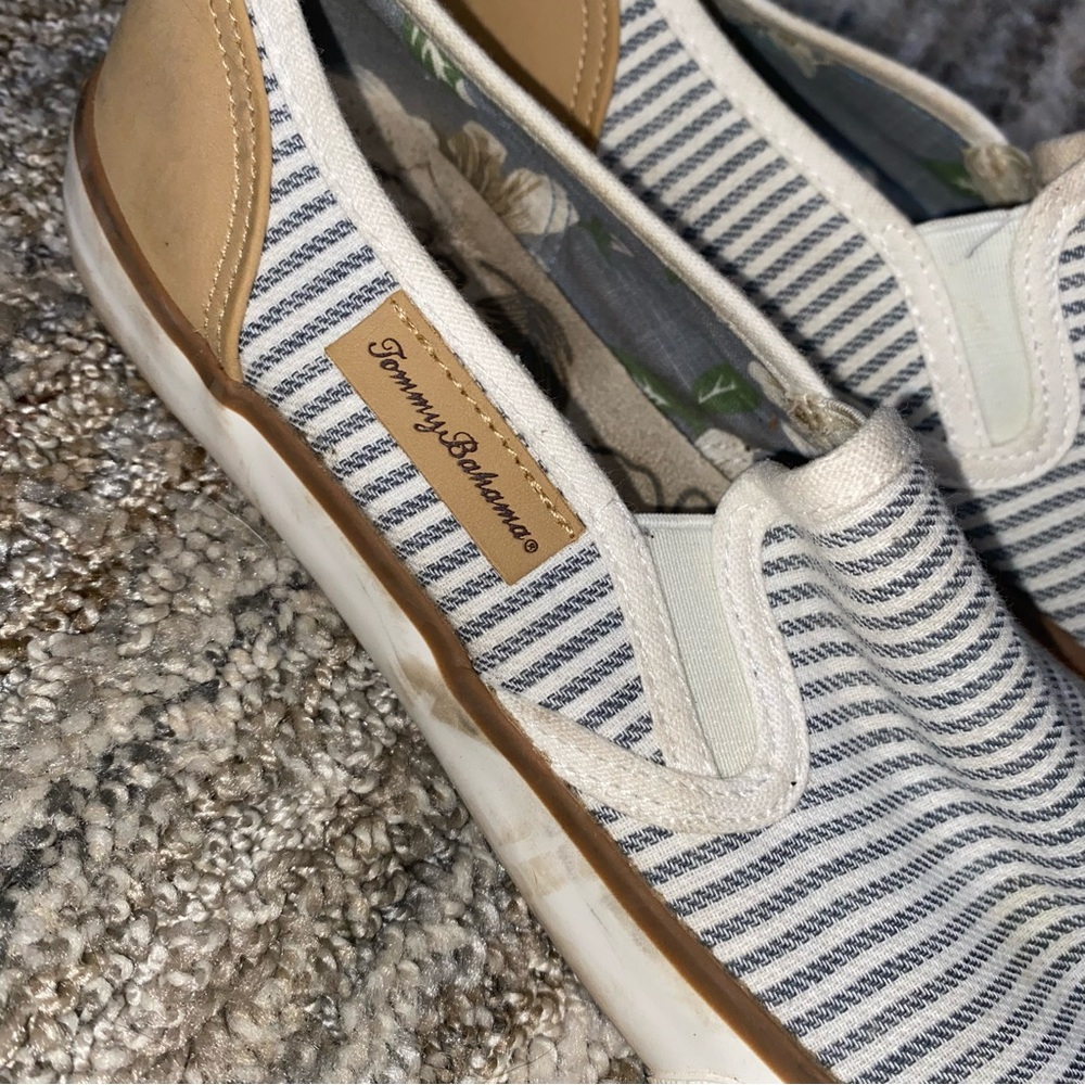 Tommy Bahama Blue and White Striped Casual Slip-Ons